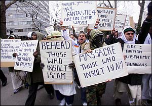 Hate ... London muslin mob's vile messages over cartoon